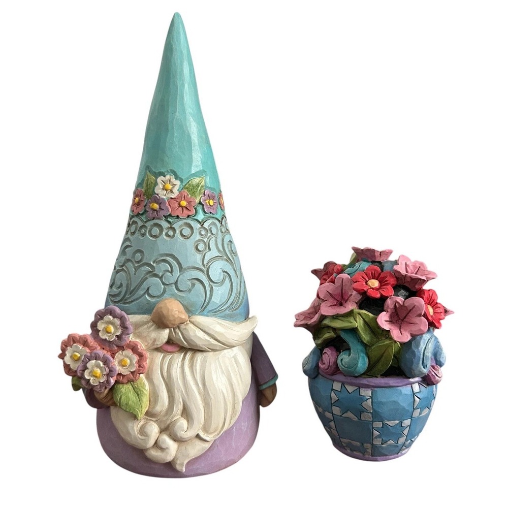 Jim Shore Gnome with Flowers Figurine‎ Bloomin' Gnome & Mini Flower Bouquet